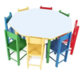 MESA INFANTIL OITAVADA COM 8 CADEIRAS EM MADEIRA E FERRO (MARCA: MA - MODELO: CJT08)